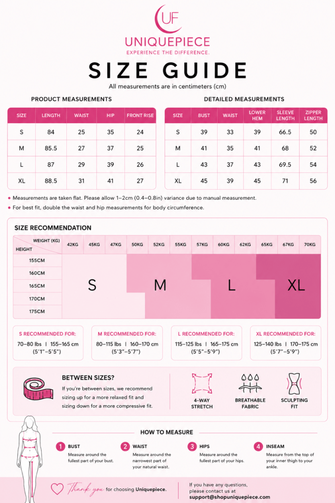 UniqueFit activewear size guide